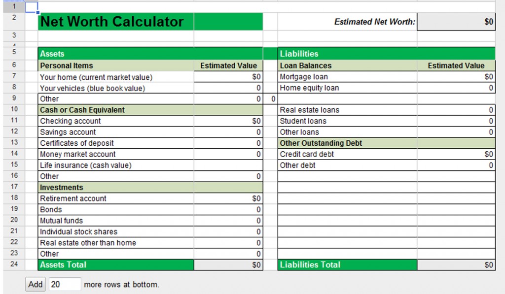 Net Worth Calculator Worksheet